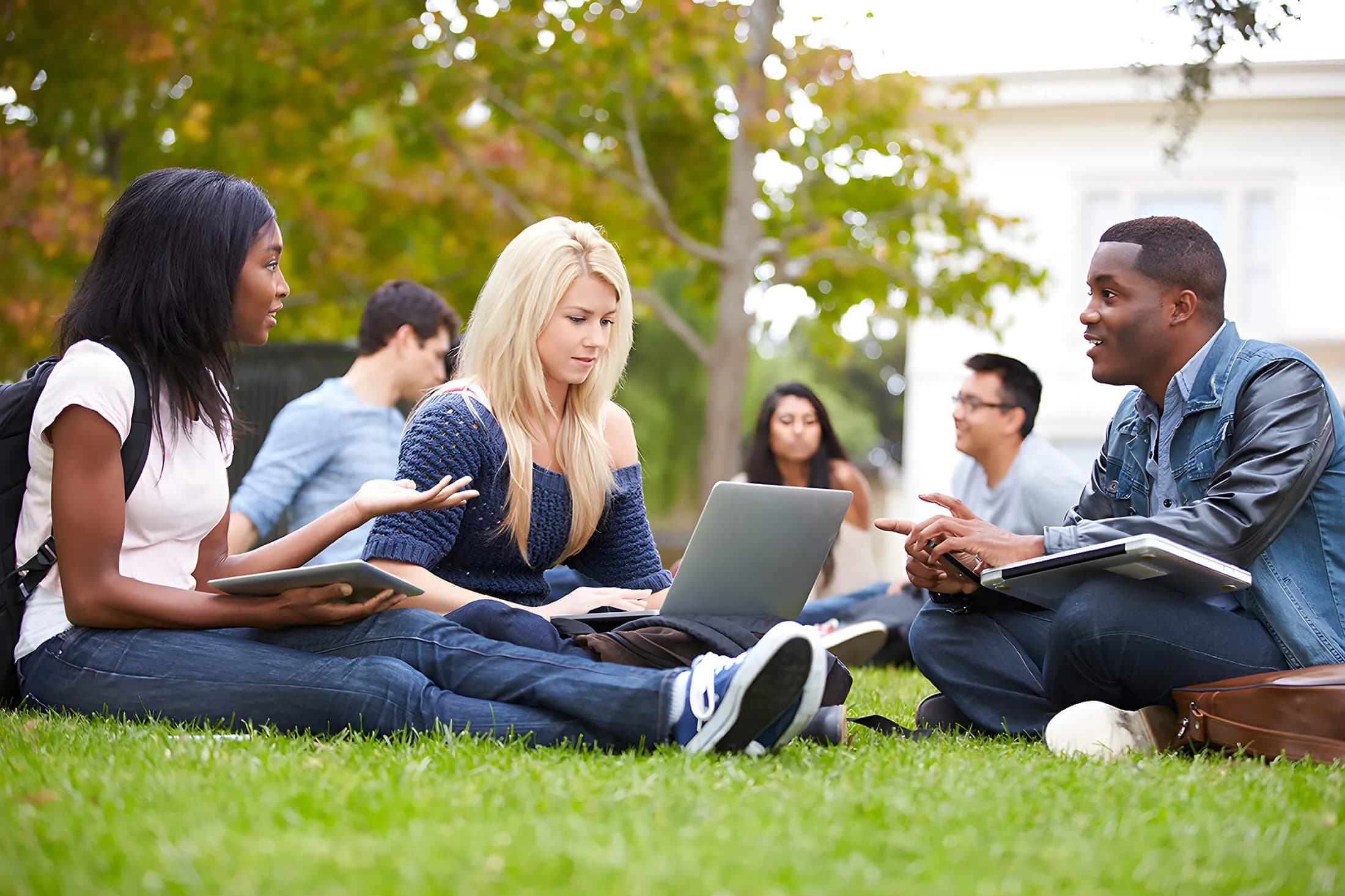 Group of college student sitting in grass with laptops and notebooks.